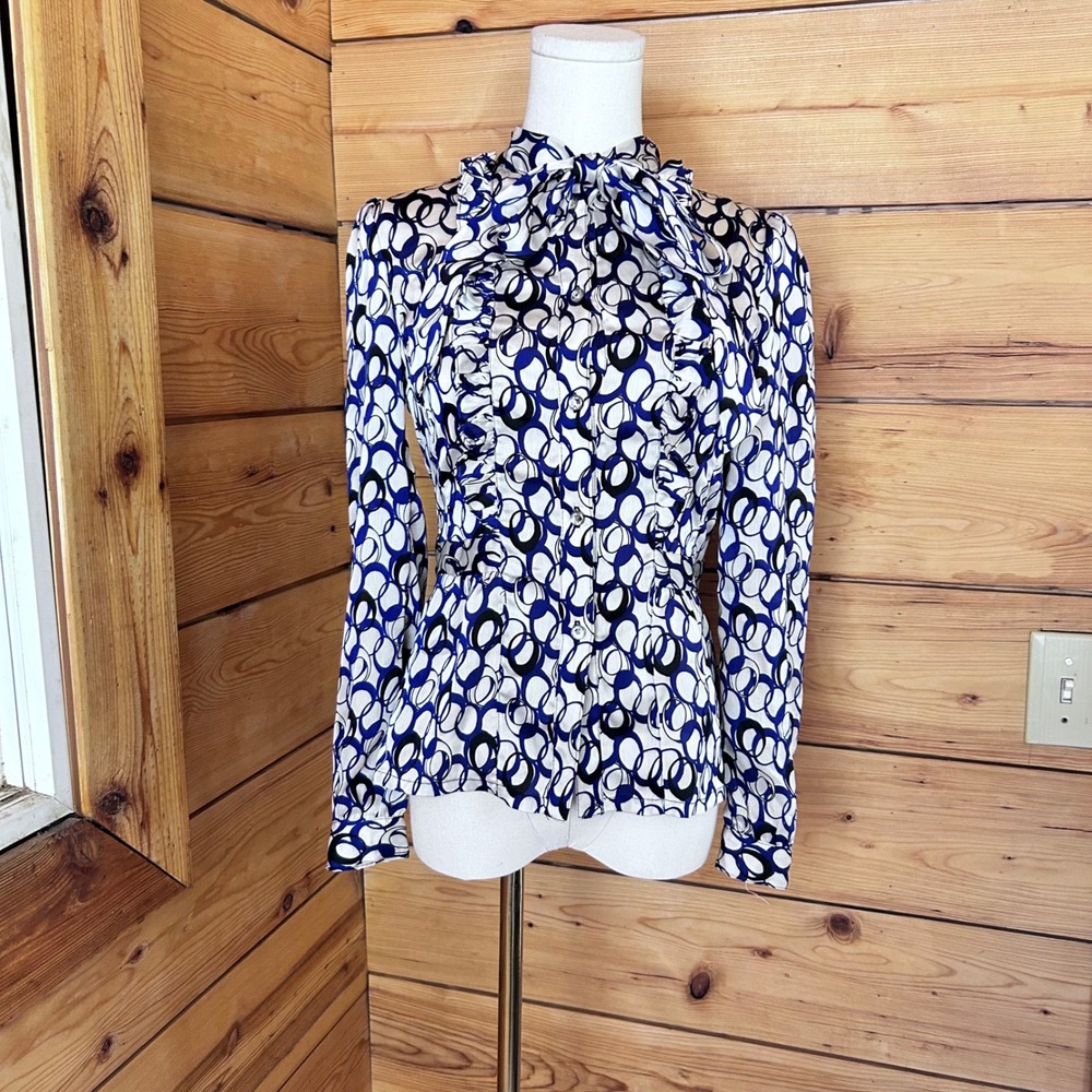 Vintage Geometric Circle Print Puss y Bow Blouse Women Medium Blue DIAPRER